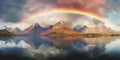 Landscape panorama of the mountains. Lake, sky, clouds, rainbow. Rainbow accent. Royalty Free Stock Photo