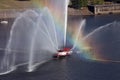 Rainbow across fire boat in Portland, Oregon.