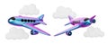 Rainbow airplanes flying in the clouds. Isolated set of cartoon airplanes for aviation design. 3D rendering. Royalty Free Stock Photo