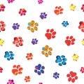 Rainbow animal paw print trails on a transparent background. Silhouettes of cat, dog footprint. Brushstroke vector