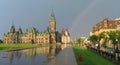 Panorama of Rainbow and Dark Sky over East Wing, Parliament Hill in Ottawa, Ontario, Canada Royalty Free Stock Photo