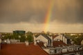 Rainbow appearing from the rain cloud above Zagreb city during early spring storm Royalty Free Stock Photo
