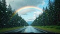 Rainbow appears in sky after rain. Wet road with raindrops on windshield. Car drives through forest with trees on both sides. Royalty Free Stock Photo