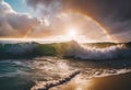 a rainbow appears to glow behind a stormy sky at the ocean Royalty Free Stock Photo