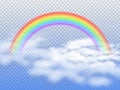 Rainbow arc with white clouds in blue sky 3d vector illustration Royalty Free Stock Photo