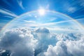 A rainbow arching across the sky, with fluffy white clouds in front. the background is a clear blue and sunny, creating an atmosp Royalty Free Stock Photo