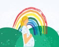 The Rainbow as a Symbol of Hope. Illustration of pregnant woman, safety joy symbol, new family life. Colorful flat