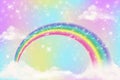 Rainbow background with clouds and sprinkles in watercolor style on pink background. Fantasy pastel color. Realistic