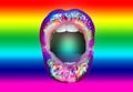 Rainbow background and female mouth. A cry for women`s rights. Lesbian and gay symbol. Sexy makeup. Multicolored