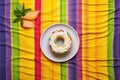 rainbow bagel with vanilla cream cheese on vibrant cloth Royalty Free Stock Photo