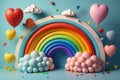 Rainbow, balloons and hearts on blue background. Generative AI Royalty Free Stock Photo