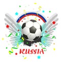 Rainbow banner russia text soccer ball and white wings