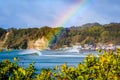 The end of a rainbow on a perfect wave landscape in Katsuura , chiba , Japan Royalty Free Stock Photo