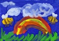 Rainbow and bees. childrens drawing