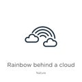 Rainbow behind a cloud icon. Thin linear rainbow behind a cloud outline icon isolated on white background from nature collection.