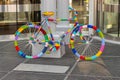 Rainbow bike decorated with colored threads, transport decorated in the hippie boho style