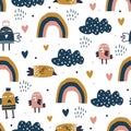 Rainbow and bird seamless pattern. Vector illustration for baby and kids print. Textile wrapping elements Royalty Free Stock Photo