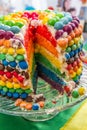 Rainbow birthday cake cutted Royalty Free Stock Photo