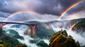 Rainbow Bridge. Arching across a misty gorge, a rainbow bridge connects two worlds.