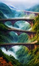 Rainbow Bridge. Arching across a misty gorge, a rainbow bridge connects two worlds.