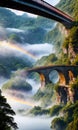 Rainbow Bridge. Arching across a misty gorge, a rainbow bridge connects two worlds.