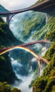 Rainbow Bridge. Arching across a misty gorge, a rainbow bridge connects two worlds.