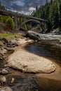 Rainbow Bridge with a sandbar in the Payette River Royalty Free Stock Photo