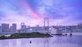 Rainbow bridge and urban skyline at sunset, Tokyo