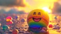 rainbow bubble with a joyful face against the background of colorful drops and sunset, International Day of Happiness Royalty Free Stock Photo