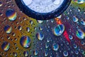 Rainbow bubbles sitting on reflective metallic surface