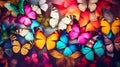 Rainbow butterflies banner, butterfly background. Butterflies in rainbow colors. Colorful aquarelle butterfly illustration for