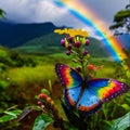 Rainbow and butterfly on a flower in the rainforest of Costa Rica