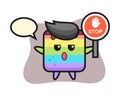 Rainbow cake character illustration holding a stop sign