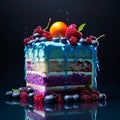 rainbow cake slice with blue frosting and fruit topping