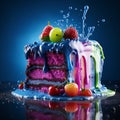 rainbow cake slice with blue frosting and fruit topping Royalty Free Stock Photo