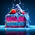 rainbow cake slice with blue frosting and fruit topping Royalty Free Stock Photo