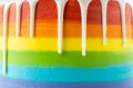 Rainbow cake textured background. Birthday cake with multicolored cream cheese frosting