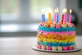 Rainbow cake with whipped cream top. Birthday cake with multicolored. Colorful rainbow birthday cake with colorful rainbow