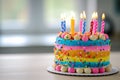 Rainbow cake with whipped cream top. Birthday cake with multicolored. Colorful rainbow birthday cake with colorful rainbow