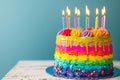 Rainbow cake with whipped cream top. Birthday cake with multicolored. Colorful rainbow birthday cake with colorful rainbow