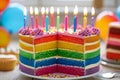 Rainbow cake with whipped cream top. Birthday cake with multicolored. Colorful rainbow birthday cake with colorful rainbow