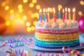 Rainbow cake with whipped cream top. Birthday cake with multicolored. Colorful rainbow birthday cake with colorful rainbow