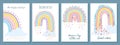 Rainbow card. Cute pastel rainbows with quotes, colorful rain and clouds. Be happy always, dream often, good vibes