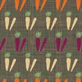 Rainbow carrots textured illustration on checked burlap background. Seamless vector pattern background print