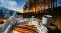 Roasted Campfire Carrots in Foil with Coffee Mug at Sunset Royalty Free Stock Photo
