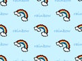 Rainbow cartoon character seamless pattern on blue background.Pixel style Royalty Free Stock Photo