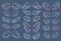 Rainbow cartoon wing set, vector icons on blue background. Magical wing of angel, muse, fairy character Royalty Free Stock Photo