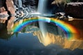 rainbow cascading over the waters, reflection in the pool below