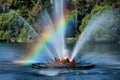 A rainbow caught in the mist and spray over the modern art fountain in the city lake