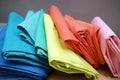 Rainbow clothes background. Pile of bright folded clothes on wooden table.Rainbow laundry with copy space Royalty Free Stock Photo